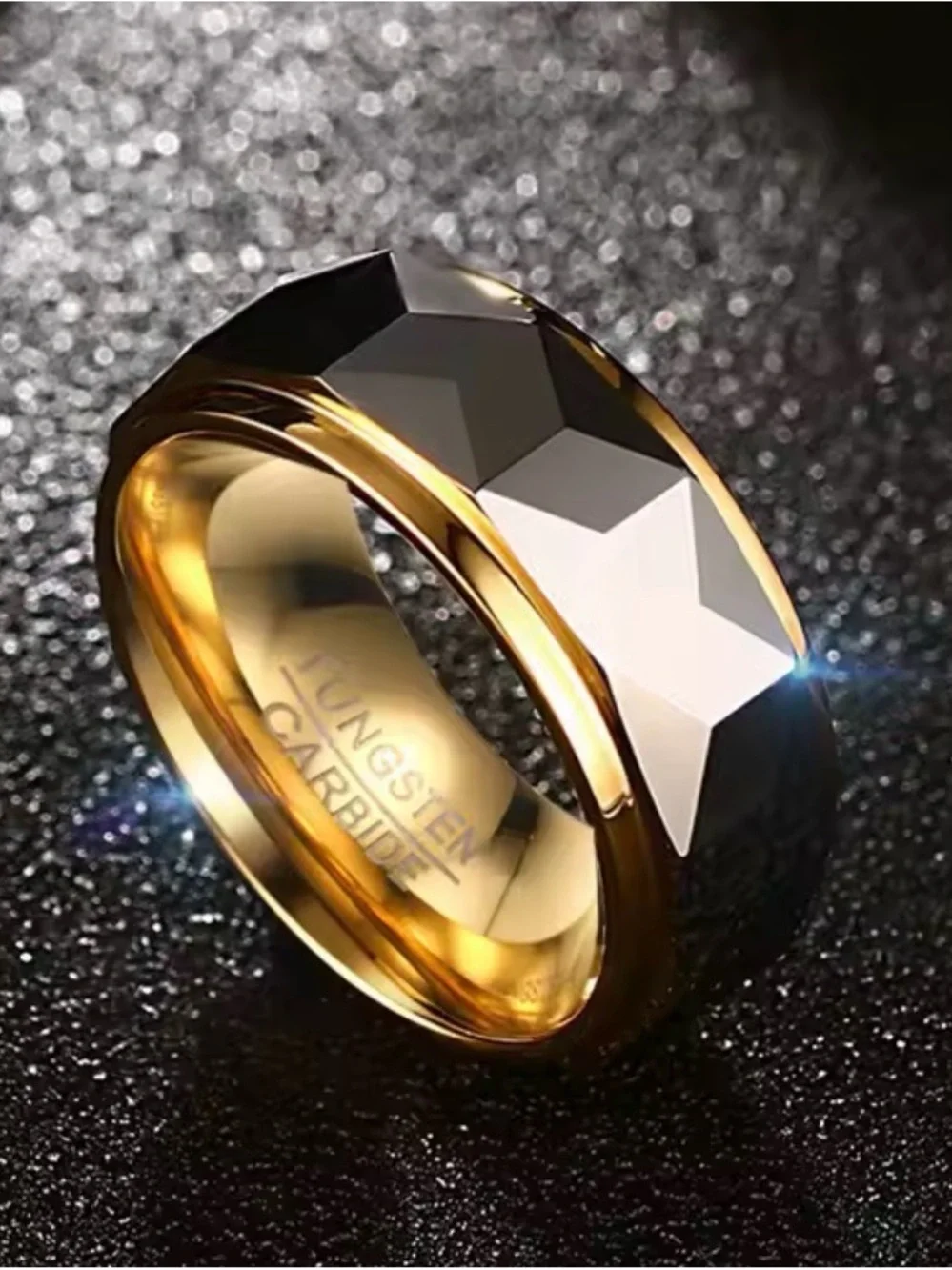 Wide Faceted Cut Geometric Tungsten Carbide Wedding Rings For Men